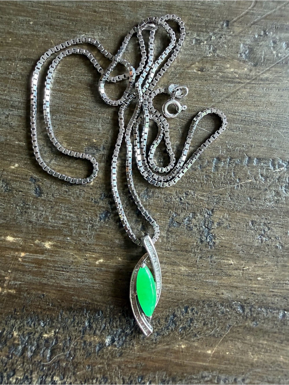 18K White Gold Jade & Diamond Pendant with 14K White Gold Chain